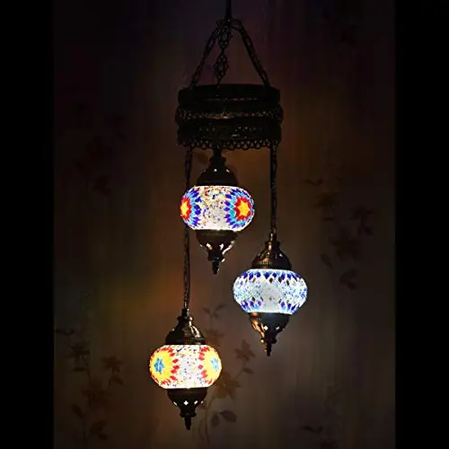 LaModaHome 35 + Unique Colors, 2020 Customizable Chandelier 3 Globes + Free 3 Bulbs, stunning Mosaic Turkish Lamp Moroccan Light