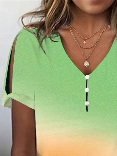 Top de manga corta con cuello en V para mujer, talla grande, color block, hueco