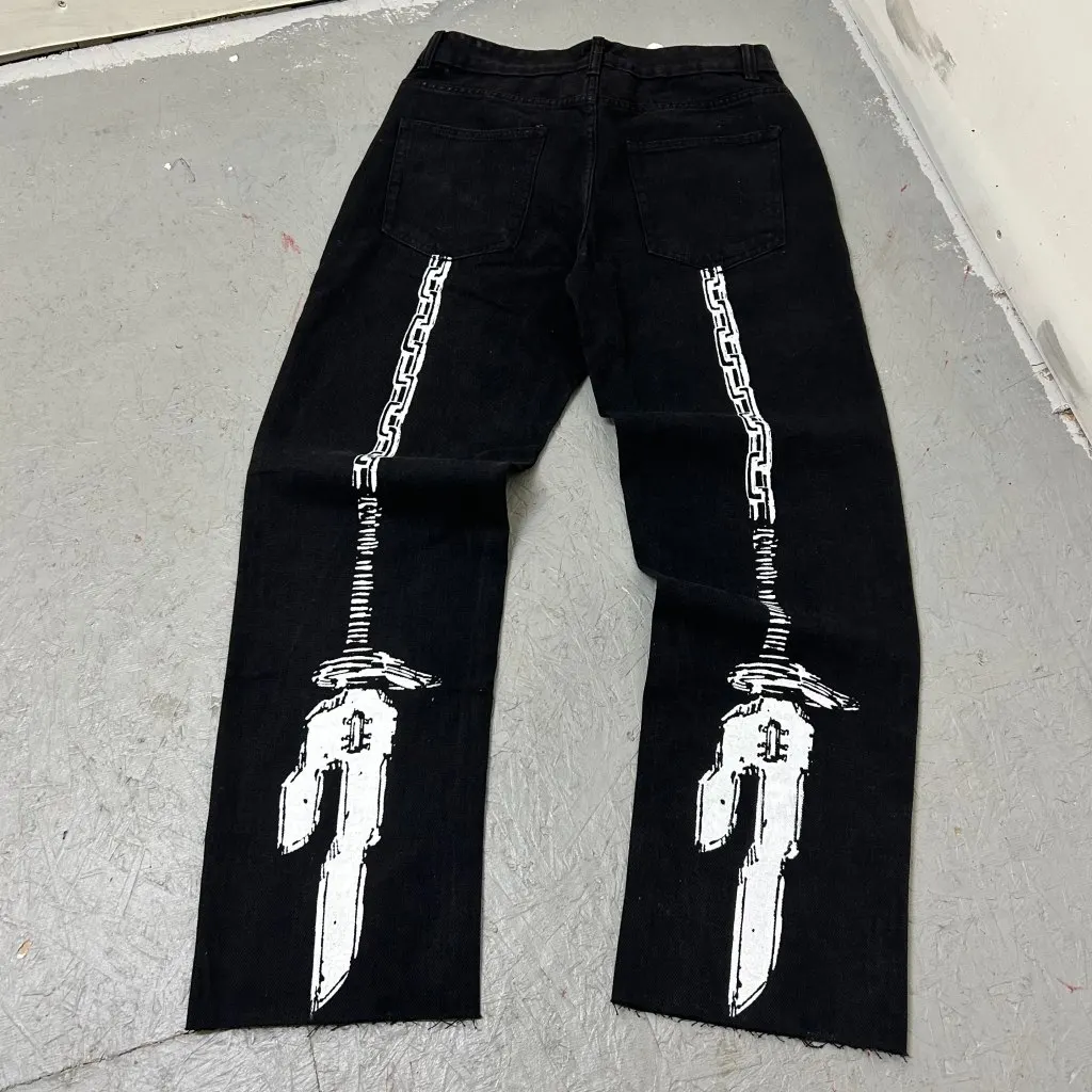 Harajuku anime characters printing jean new wide leg denim pants y2k mens jeans streetwear style couples trouser black jeans