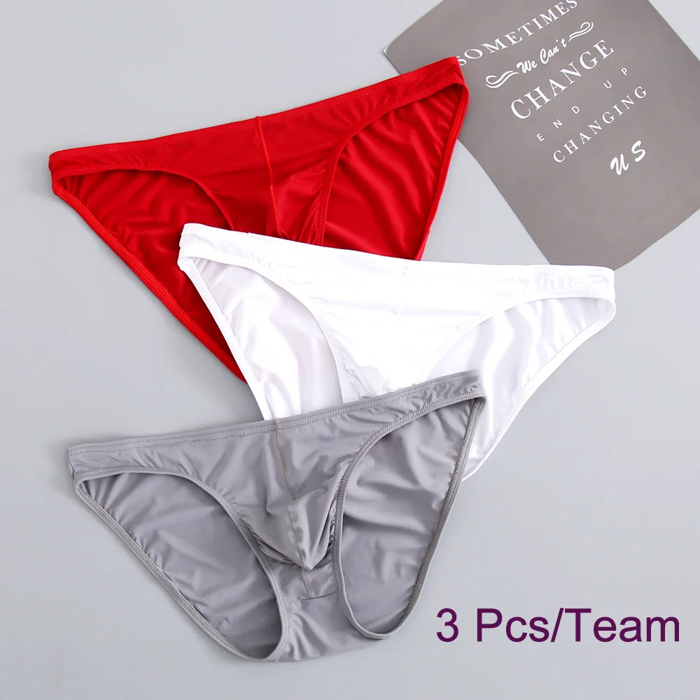 3 Pcs Mens Underwear Briefs Nylon For Men bulge with Pouch hombre slips silk Red  Boys pack lot Breathable and sexy Male Panties