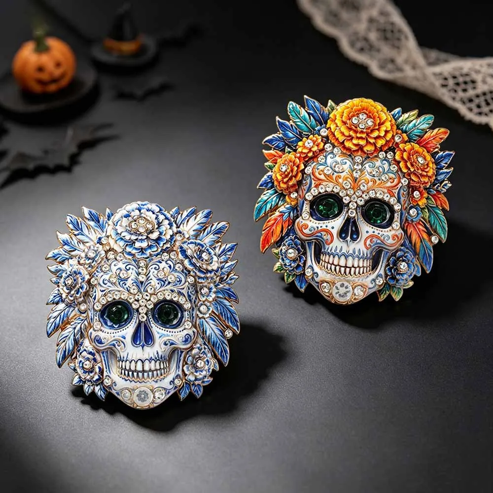 Day of the Dead skull flower brooch, light luxury diamond studded Halloween personalized coat decorative brooch