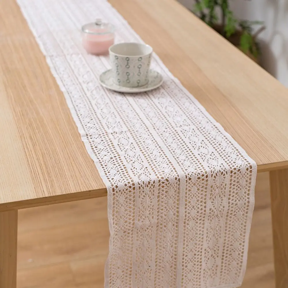 Vintage Crochet Lace Table Runner Cotton Blended Fabric Christmas  Coffee Table Decor Tablecloth with Tassel Home Wedding Decor