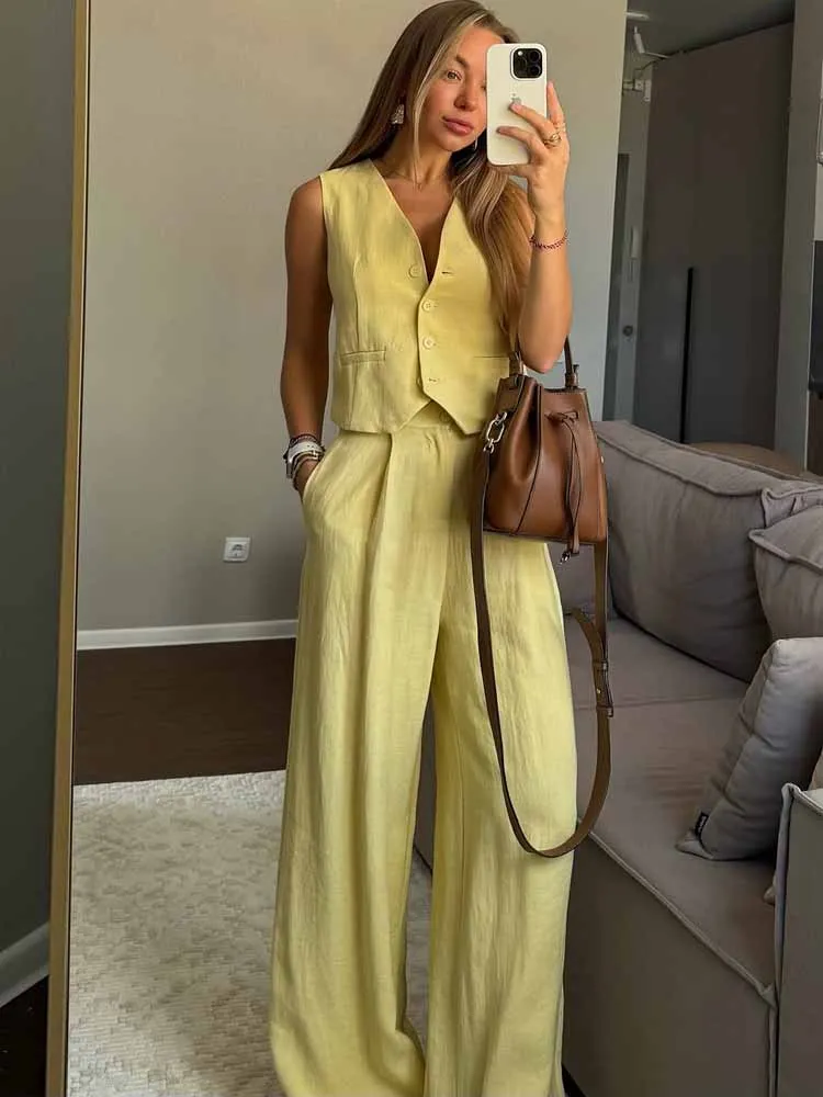 

MCDV повседневный женский уличный жилет, комплекты брюк, лето 2025 г., жилет без рукавов с v-образным вырезом и пуговицами, свободные широкие брюки, одежда для поездок на работу