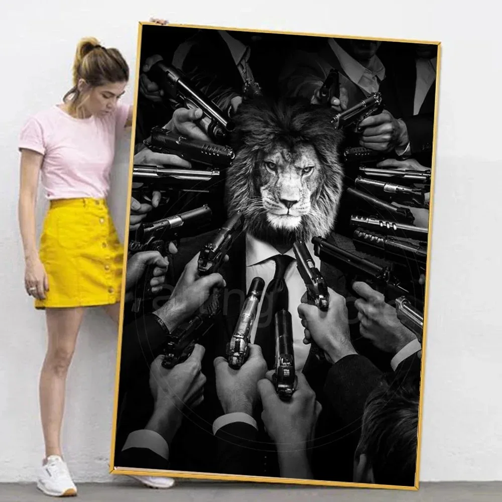 Interesting John Wick Lion Killer Canvas Painting Wall Art Black and White Art Mafia Animal Gun Print Home Decoration