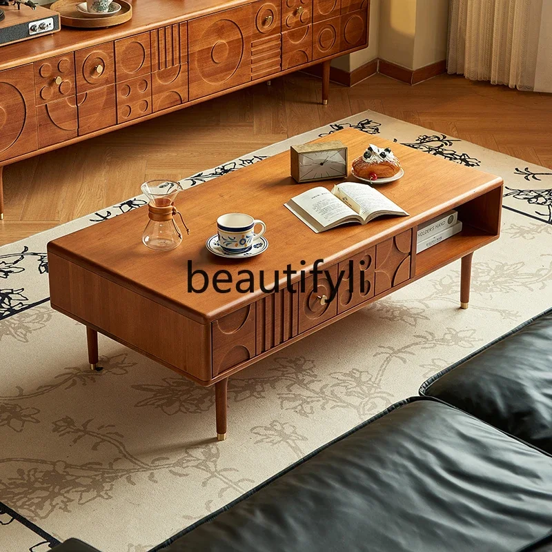 

Nordic retro pure solid wood carving flower coffee table small apartment light luxury high sense medium antique square table