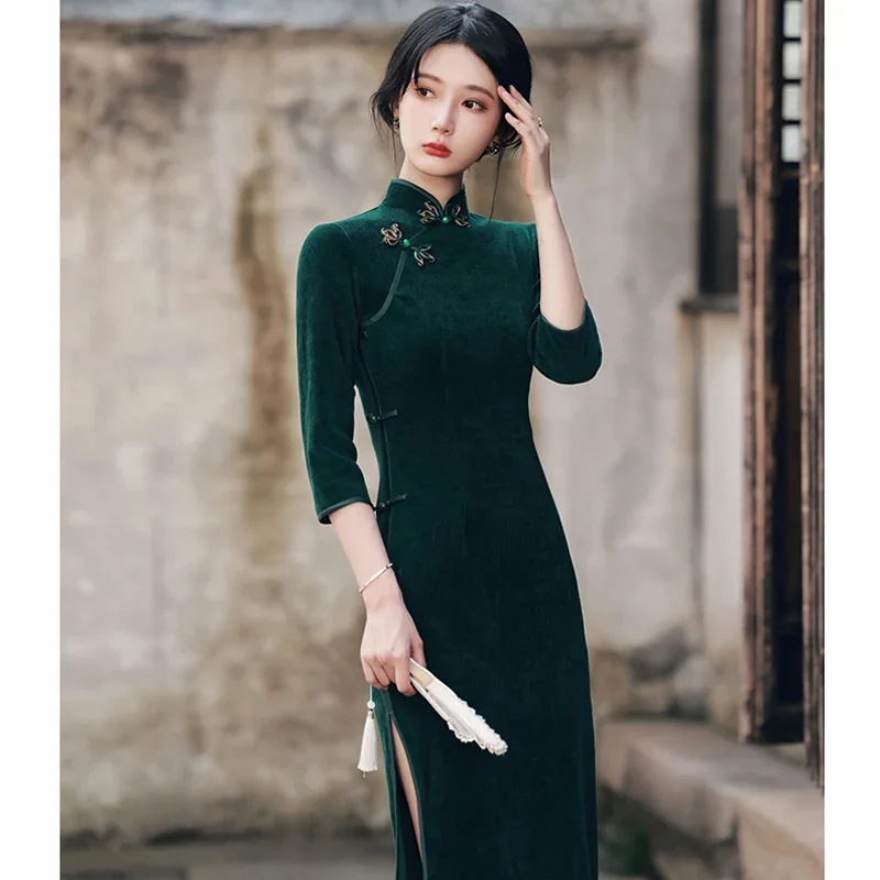 Green Retro Three Quarter Sleeve Cheongsam 2024 Spring Autumn Dress Chinese Traditional Dresses Women's Elegant Novelty Qipao