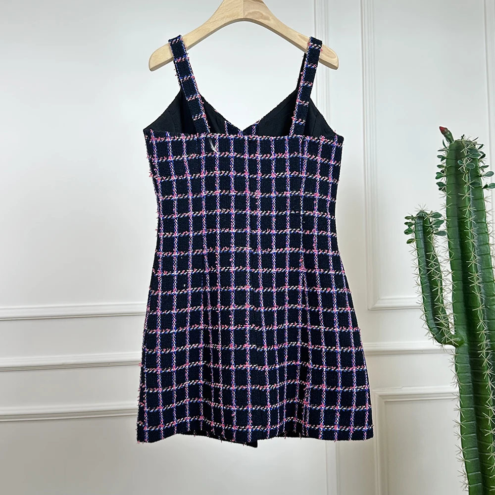 High Quality 2024 New Autumn Rose Red Plaid Tweed Single Breasted Dress Fashion Sweet Women Spaghetti Strap Casual Loose Vestido image 4