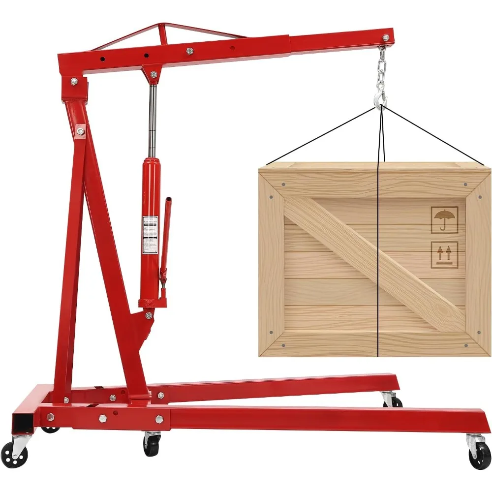 2-Tonnen roter zusammenklappbarer Motortakel, robuster hydraulischer Ladenkran mit 6 Rollenrädern, einstellbare 0,5-2T-Kapazität für Autoreparaturen