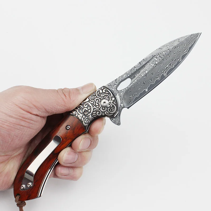 Damascus vg10 steel Outdoor Knife rosewood/colored shell handle Hunting Survival EDC Folding Pocket Knives Hiking Camping Tool