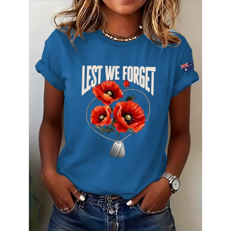 Women's Anzac Day Lest We Forget Print T-Shirts Summer Casual Round Neck T Shirts Short Sleeve Tops Tees