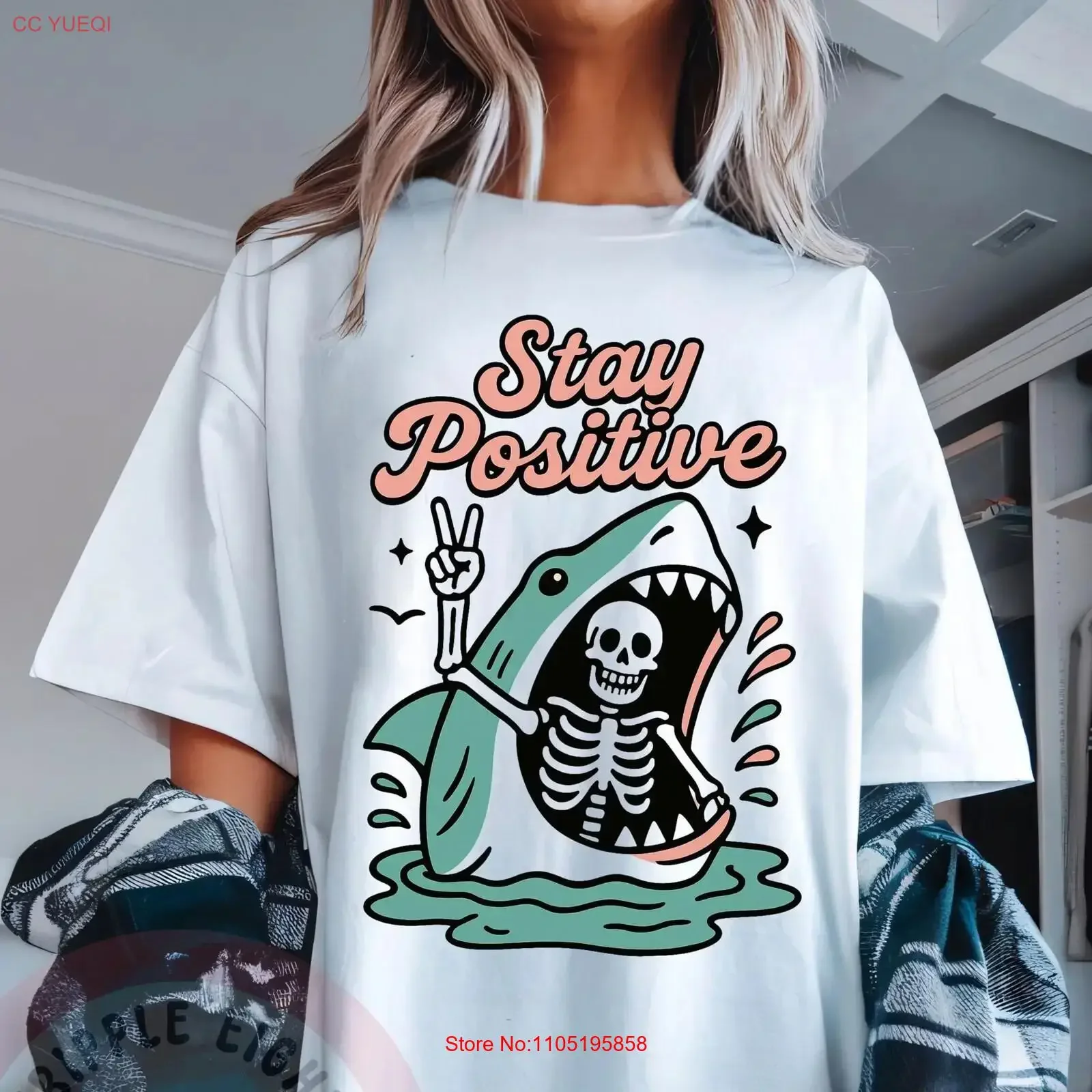 

Stay Positive Shark Attack Vintage Retro Comedy Funny T Shirt Snarky Humor vintage Washed fashion Casual homme