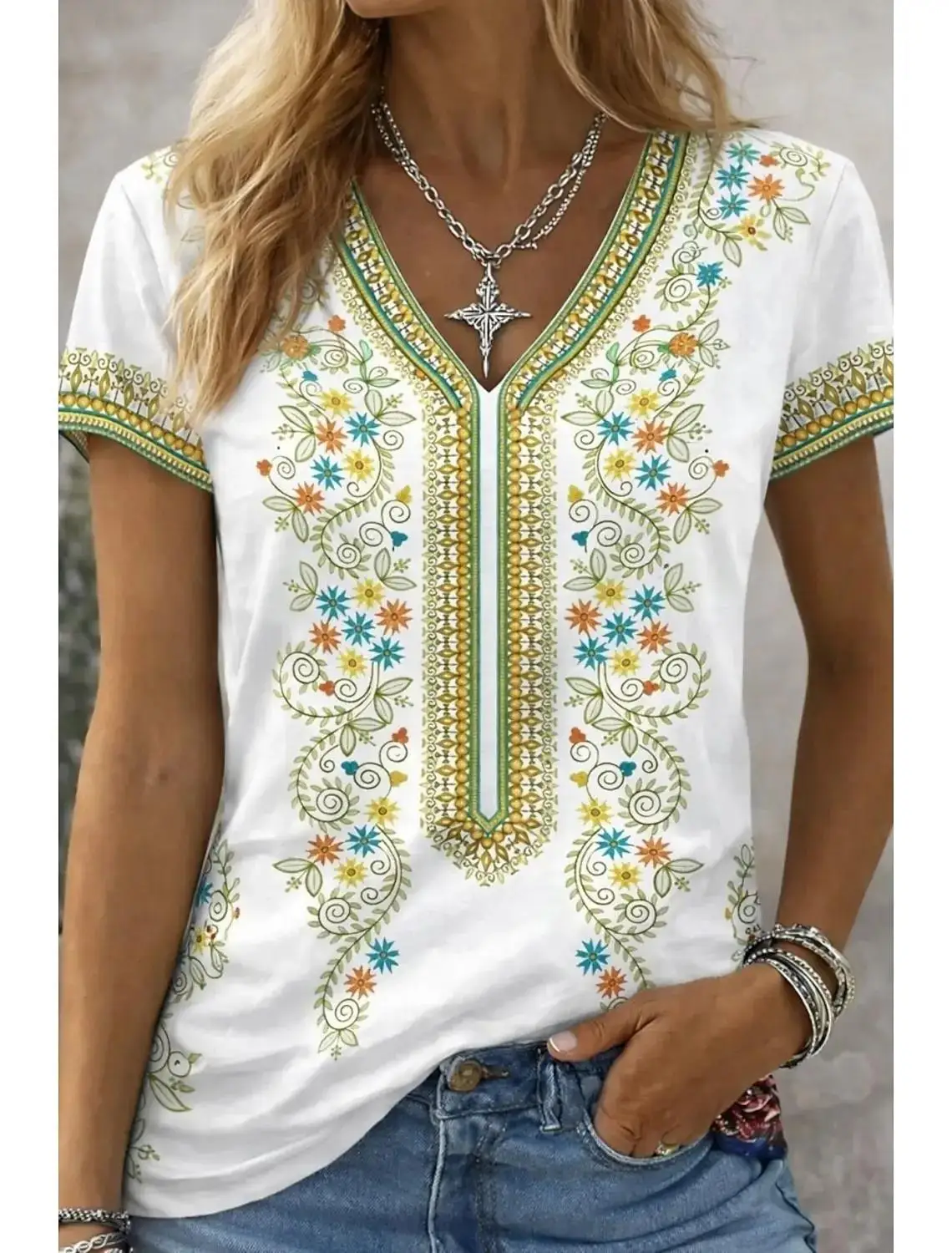 Babydoll Feminina Fundo Linho Listras Clássicas Buquês de Flores Brancas Jasmim Amarelas Blocos Verde Branco Decote V