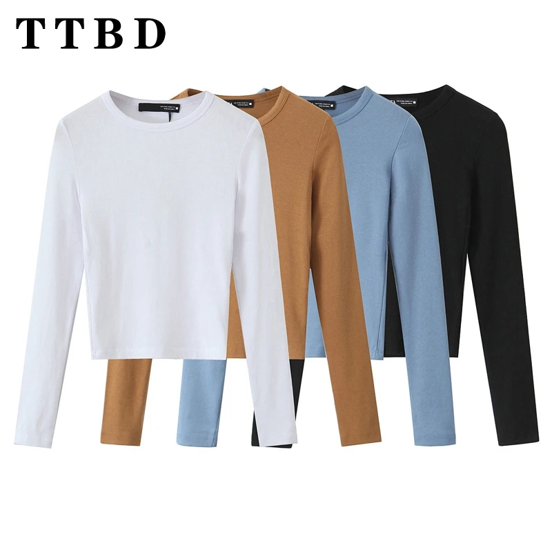 

TTBD 2024 New Autumn Women's Sexy short T-Shirt O-Neck Long Sleeve Navel Fashion Casual Top Clothing Solid Color