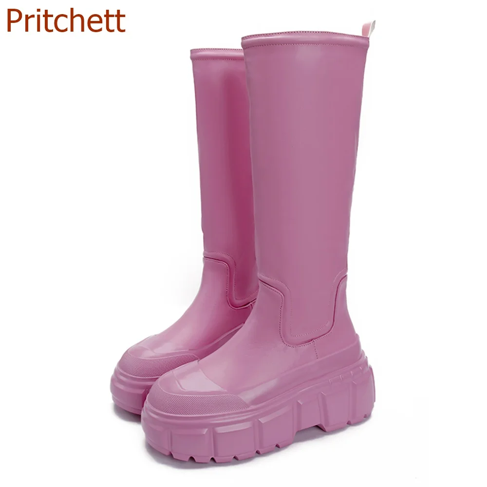 

Round Toe Knee High Women Boots Solid Pink Platform Pu Height Increasing Microfiber Modern Boots Fashion 2023 Newest Women Boots