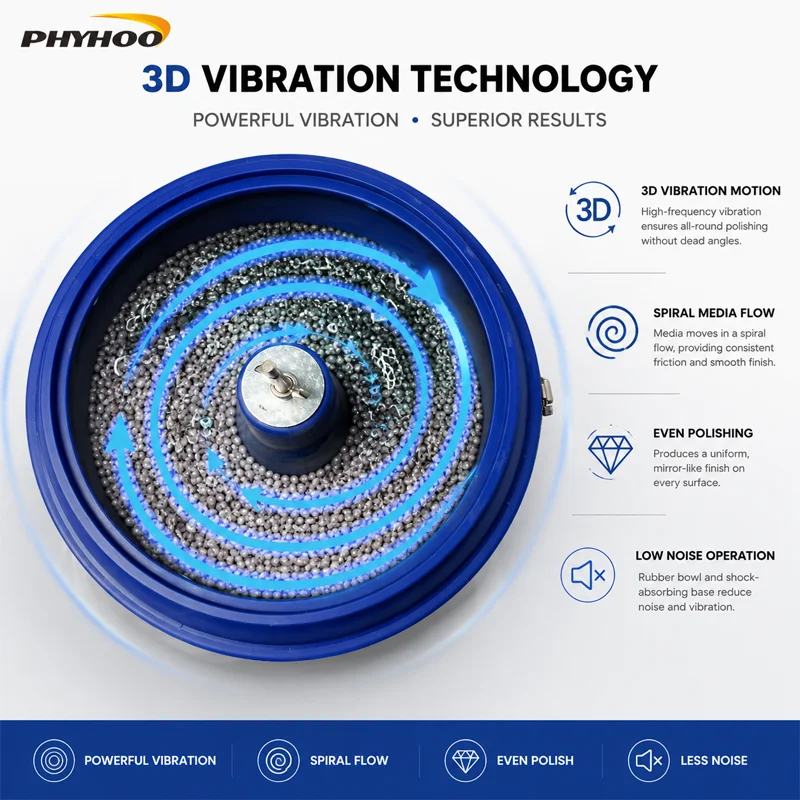 PHYHOO 12 Inch Vibratory Tumbler 6L 120W Professional Jewelry Polishing Machine 3D Vibrating Metal Deburring Benchtop Rock Bowl
