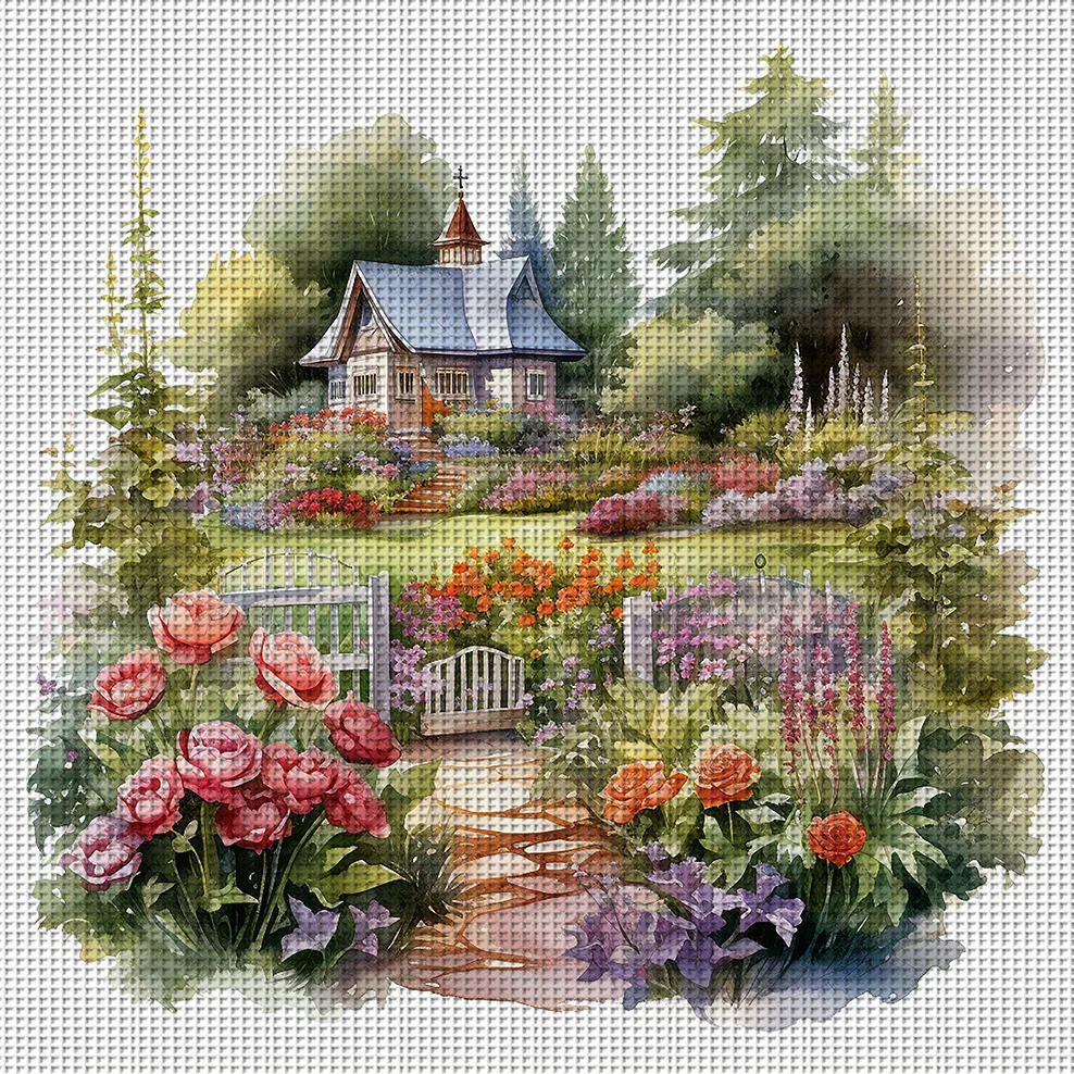 1 Stück 36x36cm/14,17x14,17 Zoll, 11CT Druck-Kreuzstich-Set, Landhaus-Garten mit Rosen, Entspannendes Kreuzstich-Set für Erwachsene Anfänger