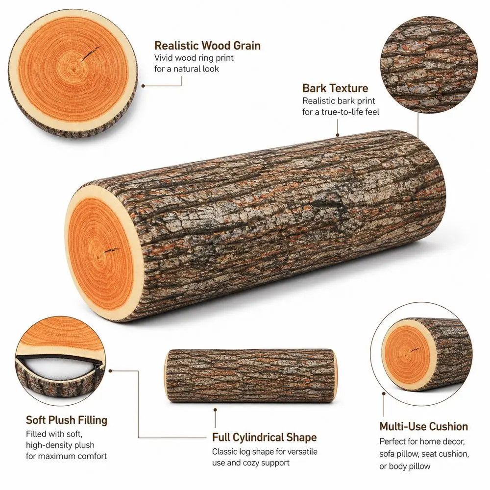 Material Tree Log Pillow Soft Texture PP Cotton Filled Round Floor Cushion Realistic Wood Grain Log Pillow For Women