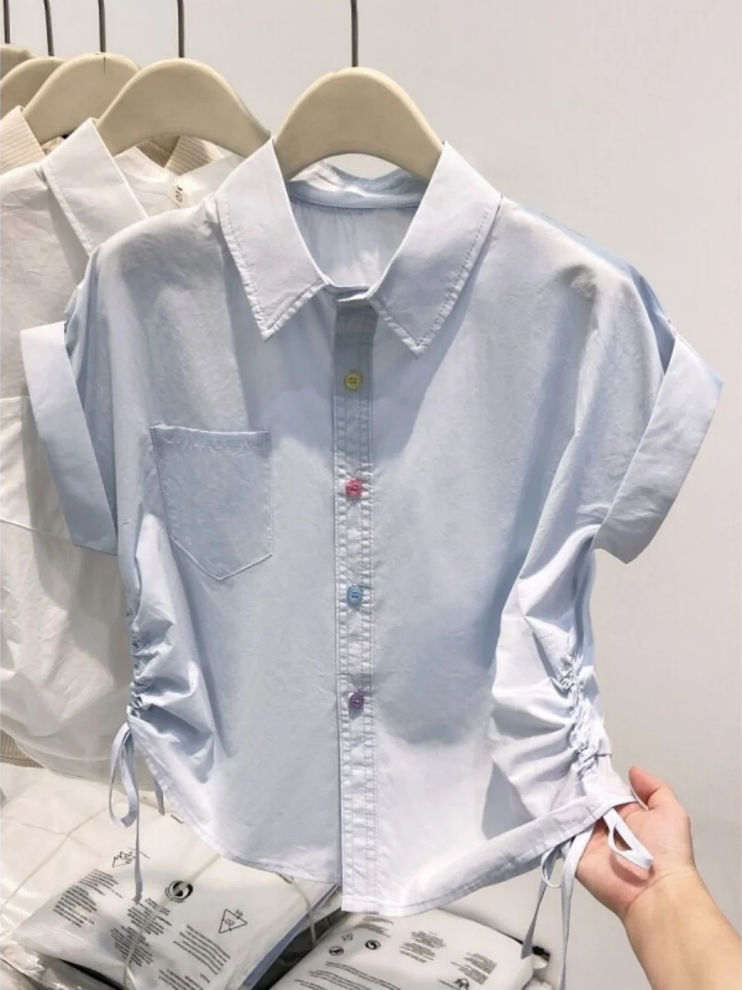 

Korean Design Neck Short Sleeve Shirt Women's Summer New Small Size Drawstring Slim Fit Half Sleeve Top Commute Style Lo...