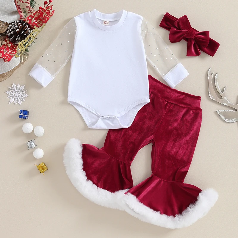 

Baby Girls Christmas Fashion 3PCS Outfits Long Sleeve Star Jumpsuit with Furry Patchwork Flared Pants and Headband Outfit Set