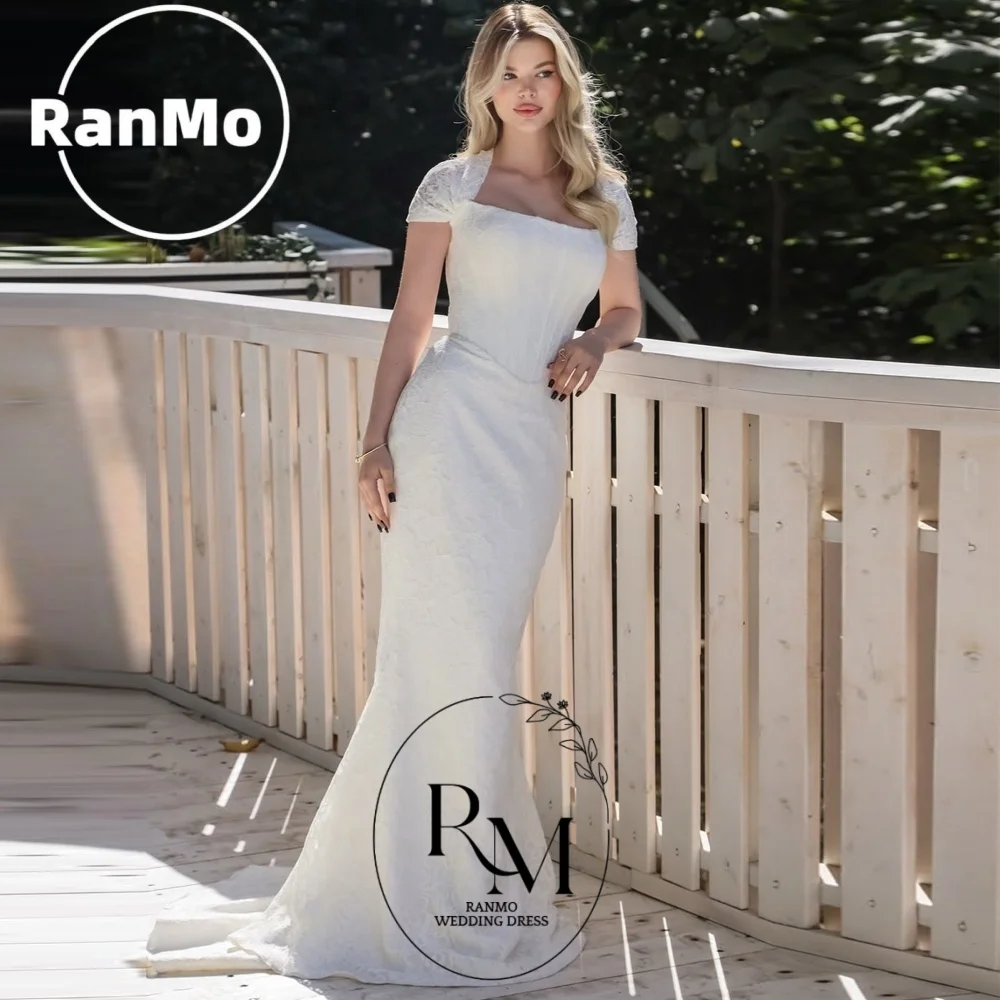 Ranmo Charming New White Lace Evening Dress Square Collar Short Sleeves Mermaid Wedding Party Dresses Customized for Woman 2026