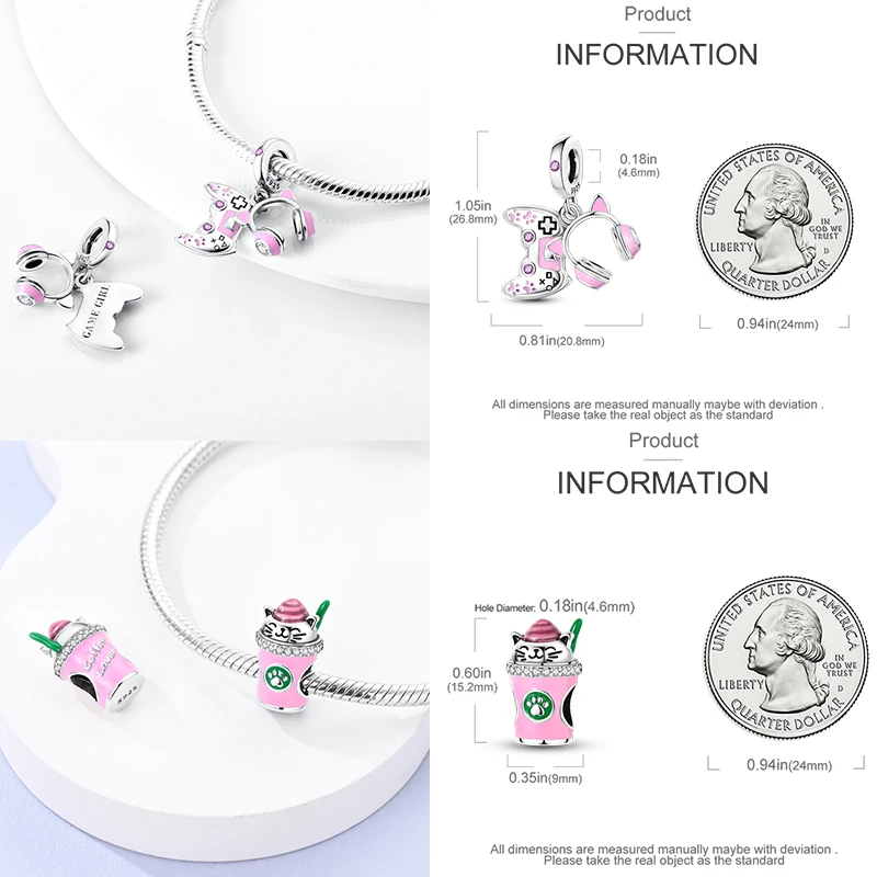 925 Sterling Silber Rosa Charm-Perlen Parfüm Katze Kaffeetasse High Heel Spielcontroller Cupcake DIY Armband Geschenk für Frauen – Detail 3