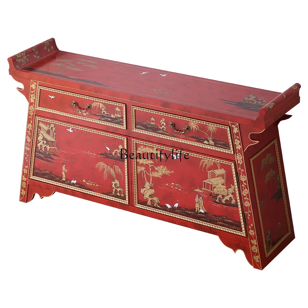 

French new Chinese villa hand-painted retro red living room entrance side cabinet
