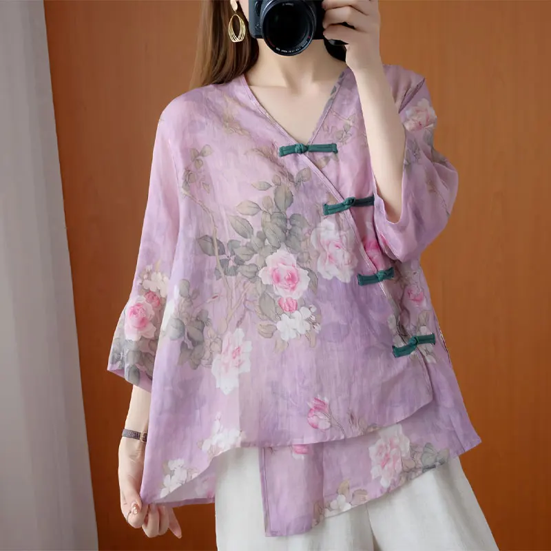 

Folk Vintage Flowers Printed Shirt Fashion Chinese Disc Buckle Asymmetrical Female Spring Summer Casual Loose Half Sleeve Blouse