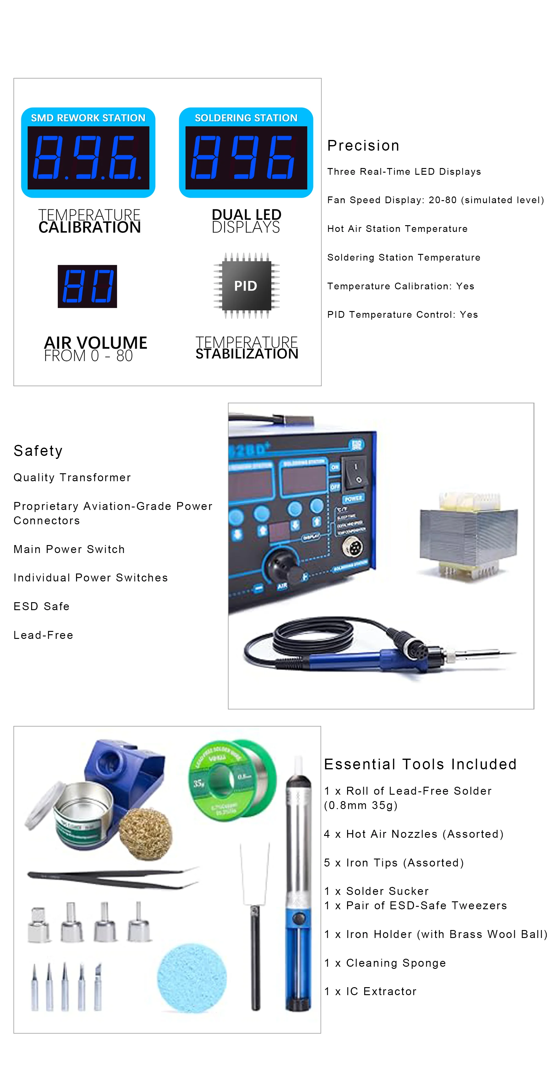862BD+ 2-in-1 Soldering & Hot Air Rework Station 750W 200-896°F PID Control Slee