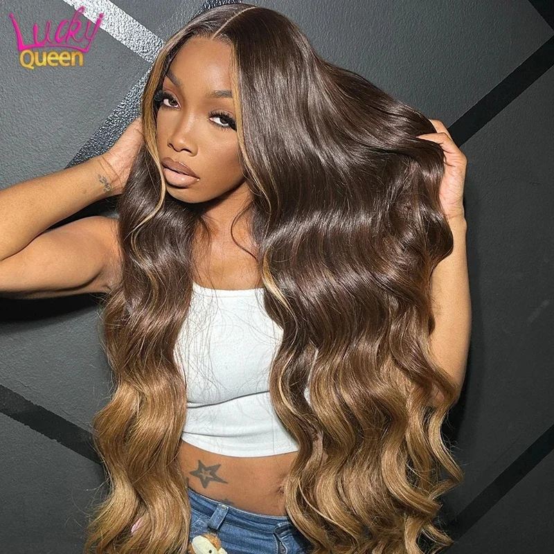 

Ombre Brown Blonde Body Wave 13X4 Frontal Remy Human Hair Wig Pre Cut Transparent Lace Front Wig Honey blonde Color