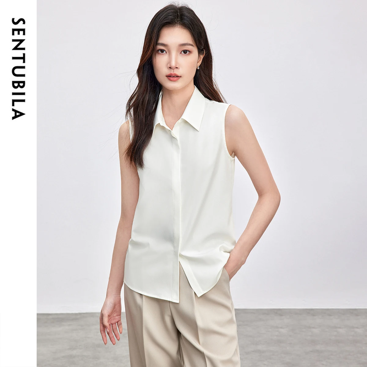 

SENTUBILA Sleeveless Women's Shirt 2025 Fashion Office Wear Turn Down Collar Single Breasted Commuting Female Clothing 152C87938