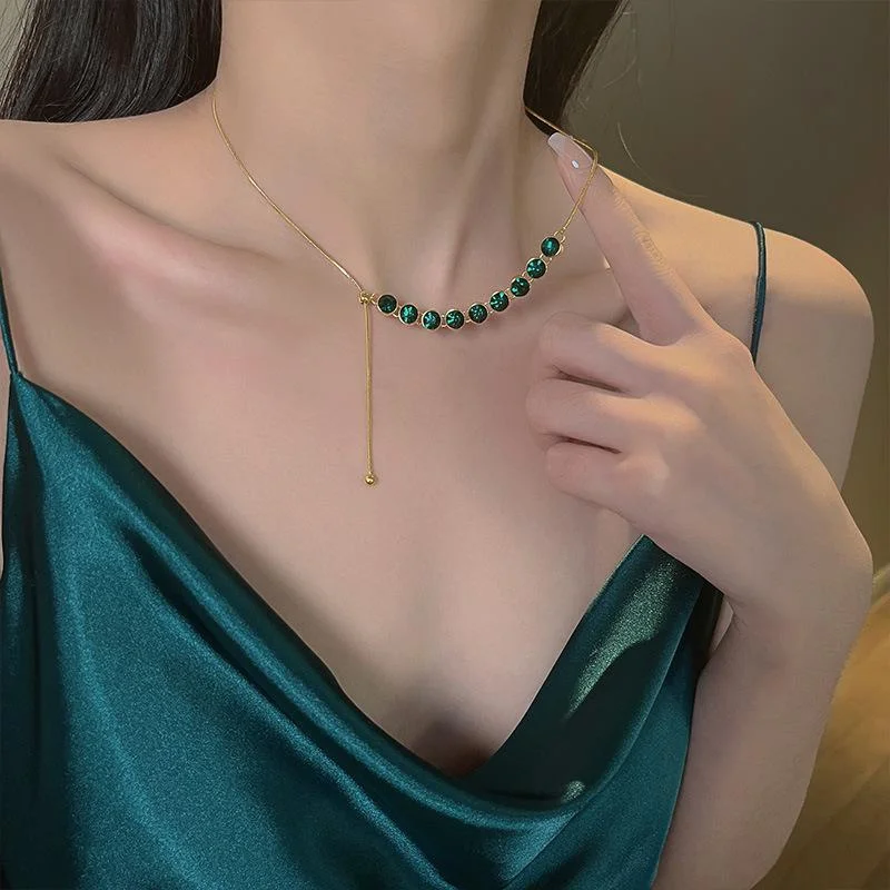 Korean Fashion All-match Fashion Green Zircon Necklace for Women Luxury High-end Collarbone Chain Adjustable Pendant Jewelry