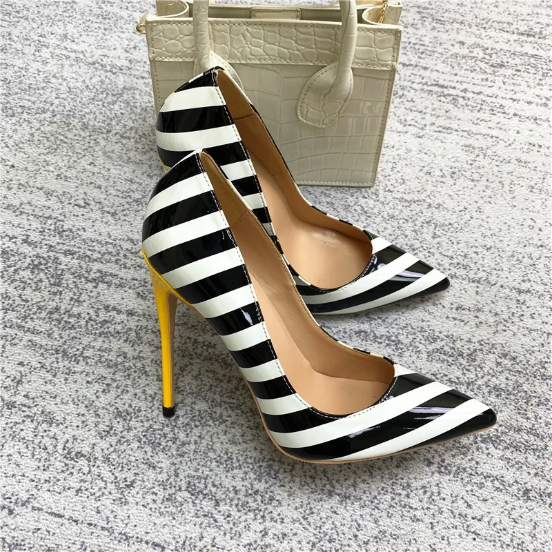 

New Black and White Striped High Heels Women Classic 12CM Pointed Toe Shallow Mouth Thin Heel Party High Heels Big Size 45 46