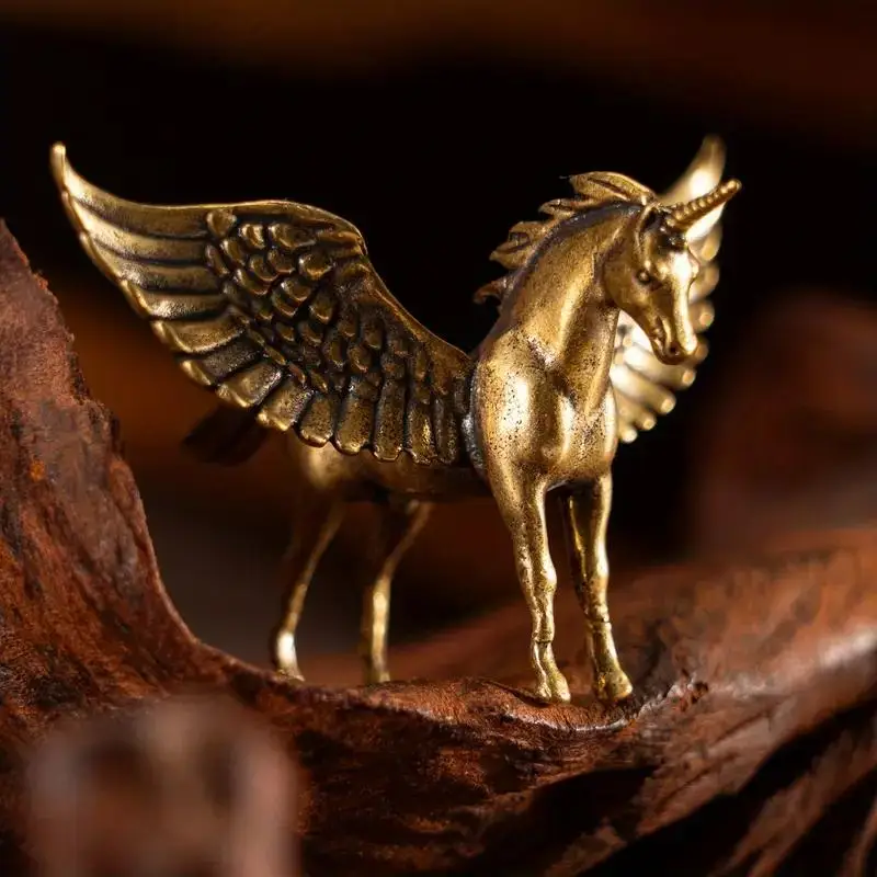 A vintage bronze, fantasy-themed, winged mythical horse figurine, suitable for bookshelf or desktop decoration.