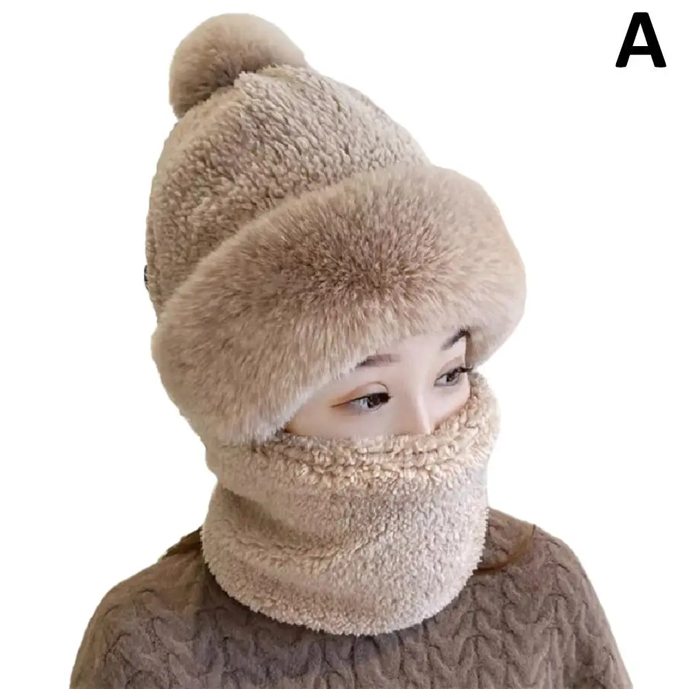 Gorro tejido para invierno, bufanda, máscara, gorros con pompón de felpa de una pieza para mujer, forro polar, gorro cálido, protección para el cuello y las orejas, esquí B2E3