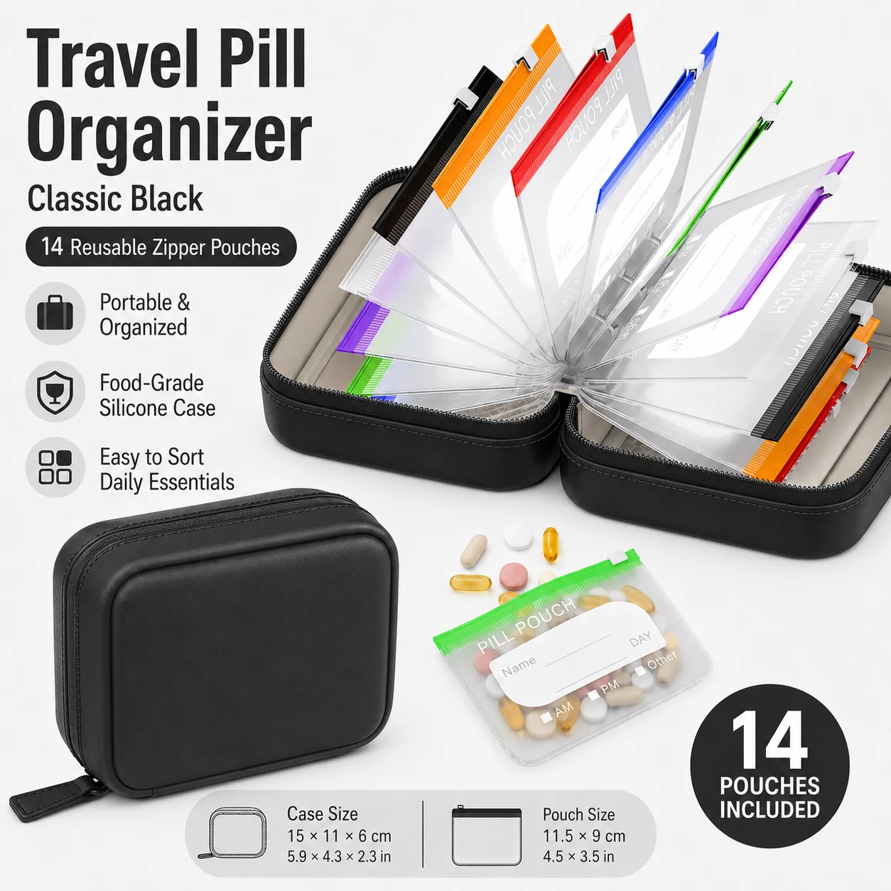旅行用ピルオーガナイザー、14個の再利用可能なジッパーポーチ - Food Storage Essentials のレビューと価格