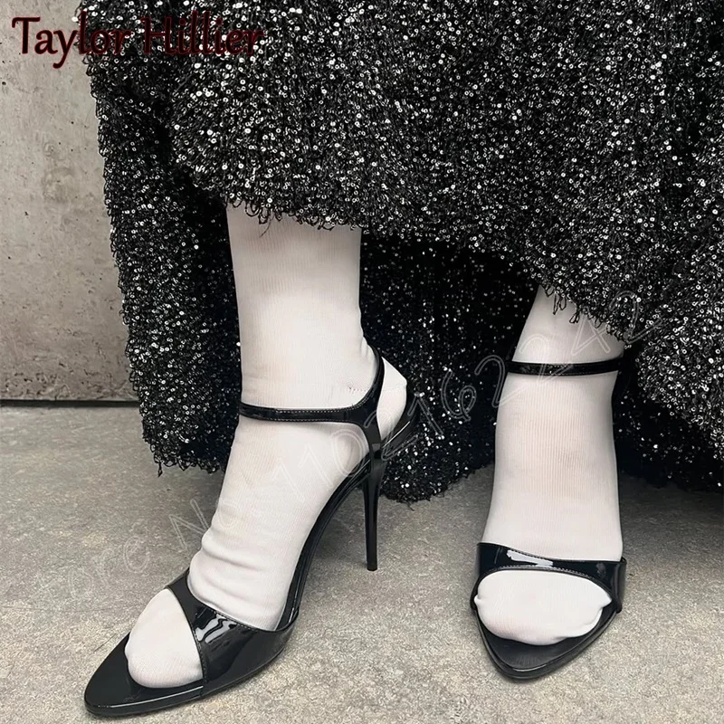 

Summer New Open Toe Black Sandals Round Head Stiletto Buckle Strap High Heels Elegant Luxury Party Catwalk Casual Women'S Shoes