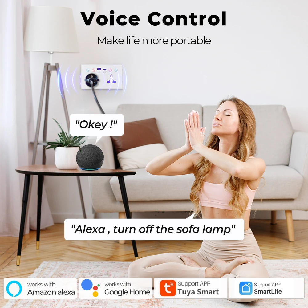 Tomada de Parede Inteligente Tuya WiF USB, Tomada 4-em 1, Tomada Elétrica Universal, Interruptor de Toque 13A, Carregamento Sem Fio para Alexa e Google