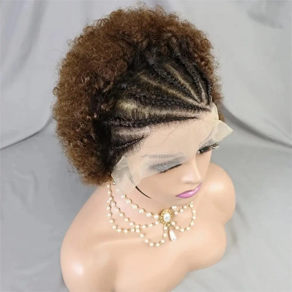 13x4 Lace Frontal Kurze Afro Kinky Curly Bob Geflochtene Haarperücke 8 Zoll Schwarze Echthaarperücke Vorgezupfte Federnde Lockige Perücke für Frauen – Detail 23