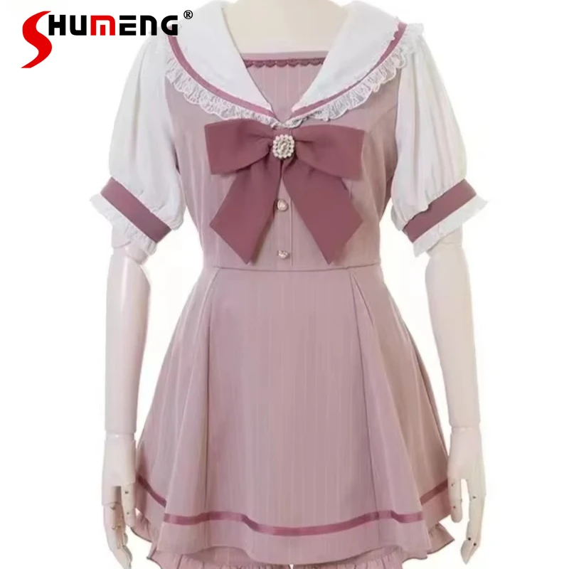 Rojita Japanese Sailor Collar Long Sleeves Dresses Outfit Spring Summer Sweet Lolita Bow Dress Shorts Suit Women's Two-Piece Set