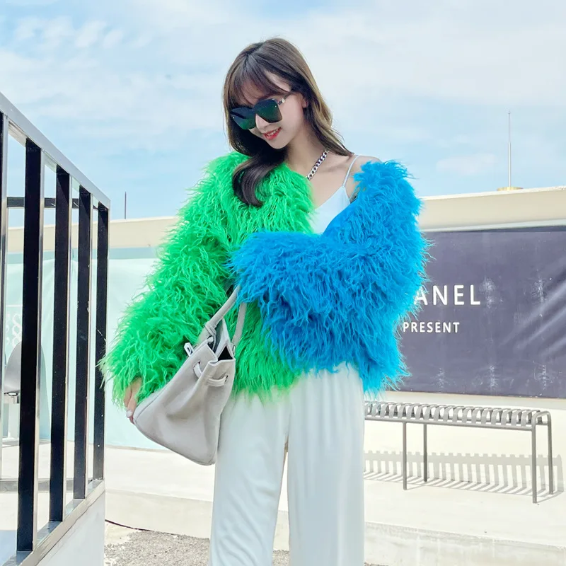 Women Spliced Contrast Colors Faux Mink Fur Coat Long Sleeve Fluffy Mongolia Sheep Fur Bomber Jacket Furry Tassels Cardigan Tops