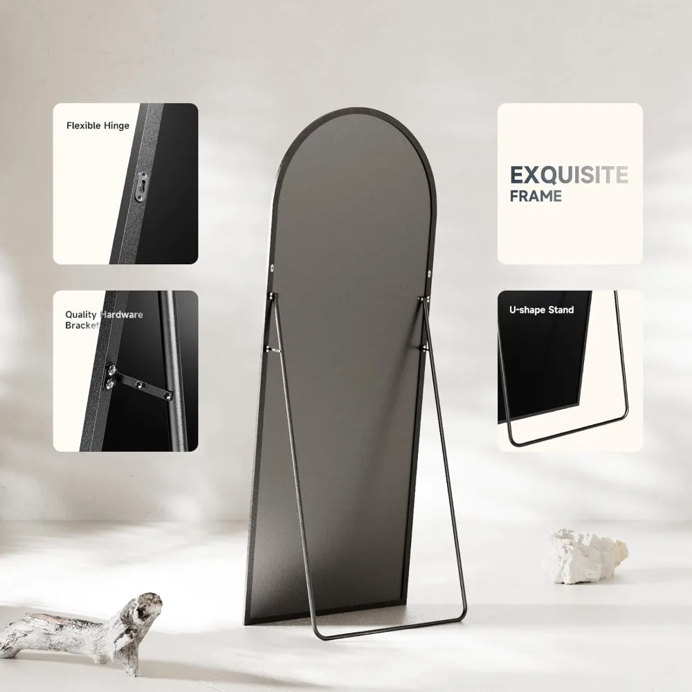 مرآة أرضية مقوسة كبيرة، حامل معلق على الحائط من الزجاج المقسى باللون الأسود مقاس 64 × 21، مرايا جسم كاملة الطول بإطار من الألومنيوم #5