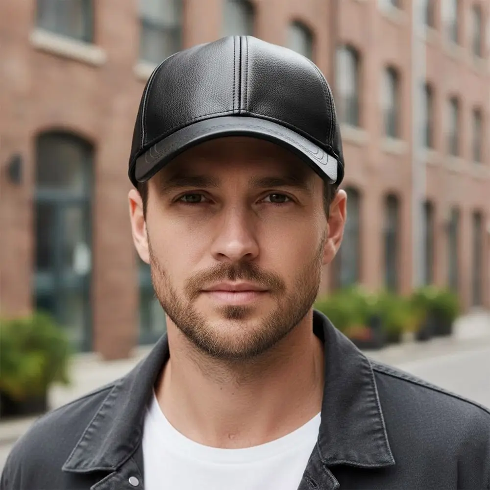 قبعة بيسبول دافئة من جلد البولي يوريثان بلون سادة مقاومة للرياح قبعة ريترو مبطنة بالصوف قبعة رجالية قابلة للتعديل للشتاء