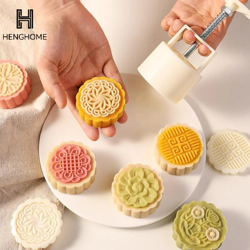 Plastic Hand Pressure Mooncake Mold Cookie Stamps Flower Cherry Pattern Mid Autumn Pastry Decoration Tool Mid-Autumn Festival