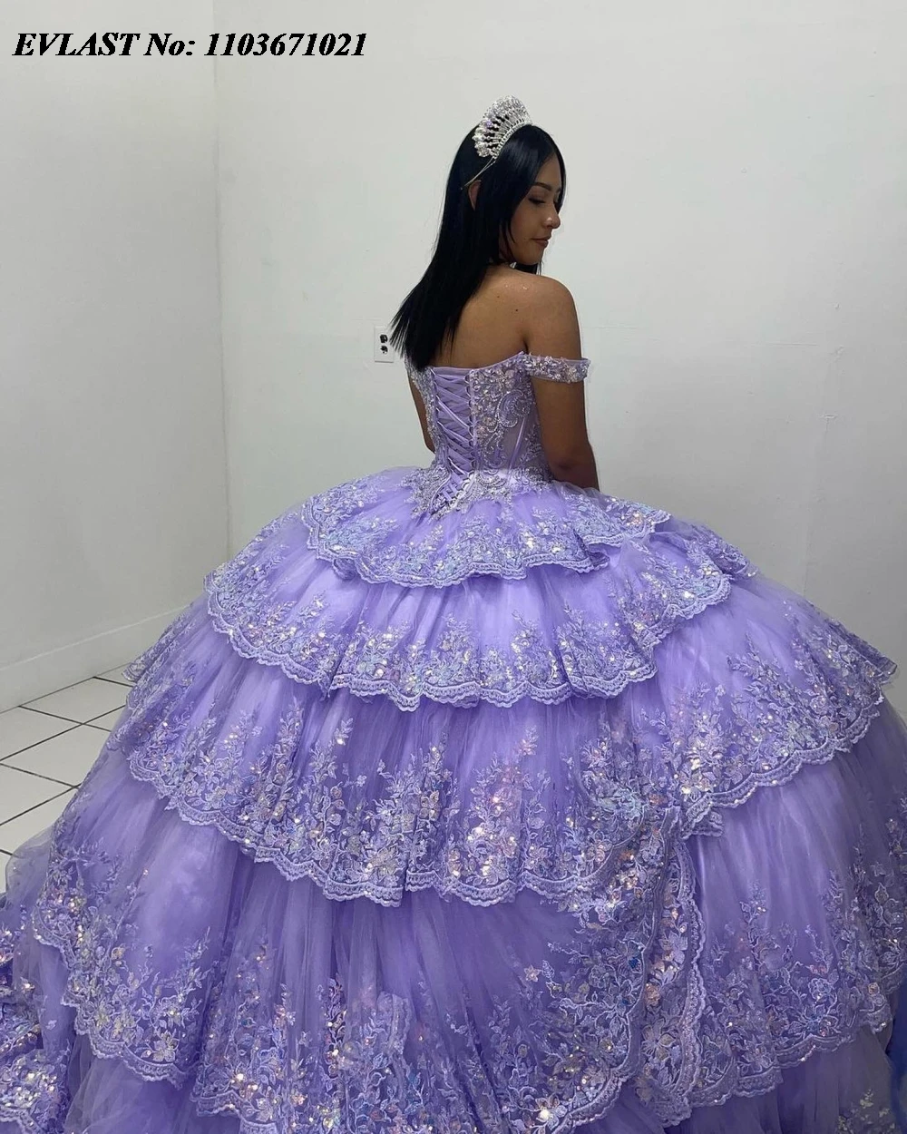 EVLAST Personalizzato Lilla Abito Quinceanera Abito di Sfera Lucido Pizzo Paillettes Applique Corsetto di Perline Dolce 16 Abiti Da 15 Anos SQ746