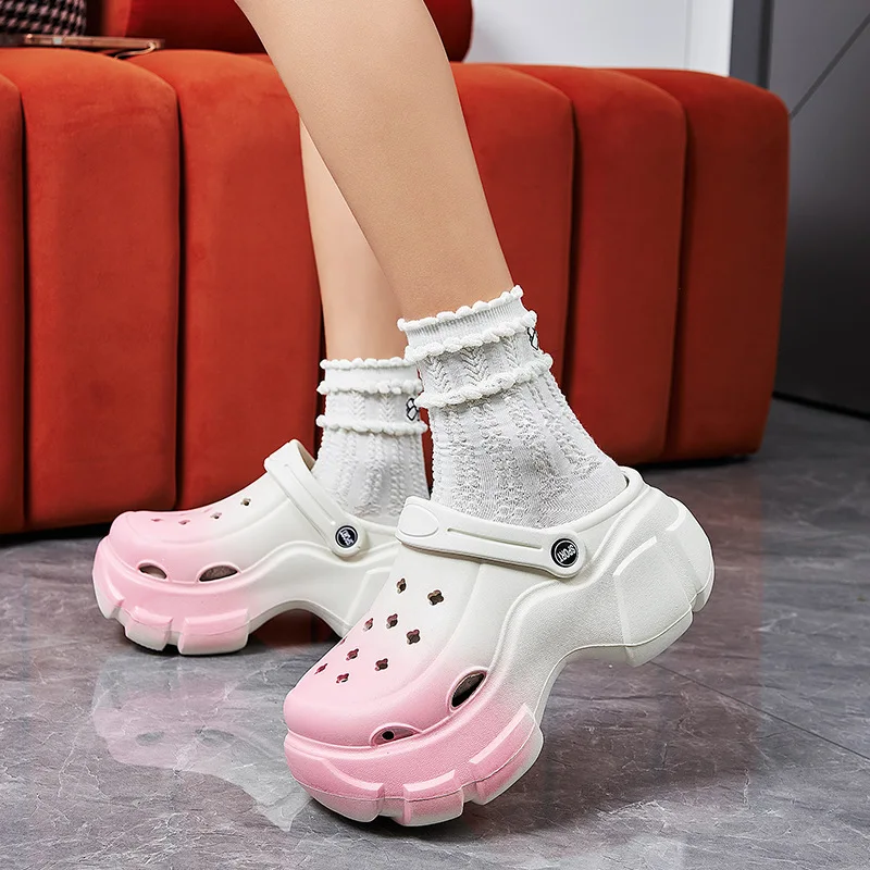 Girls Fashion Clogs Gradient Color Platform Slippers 2 Way Wear Height Increasing Sandal Summer Shoes Woman Beach Street Slides