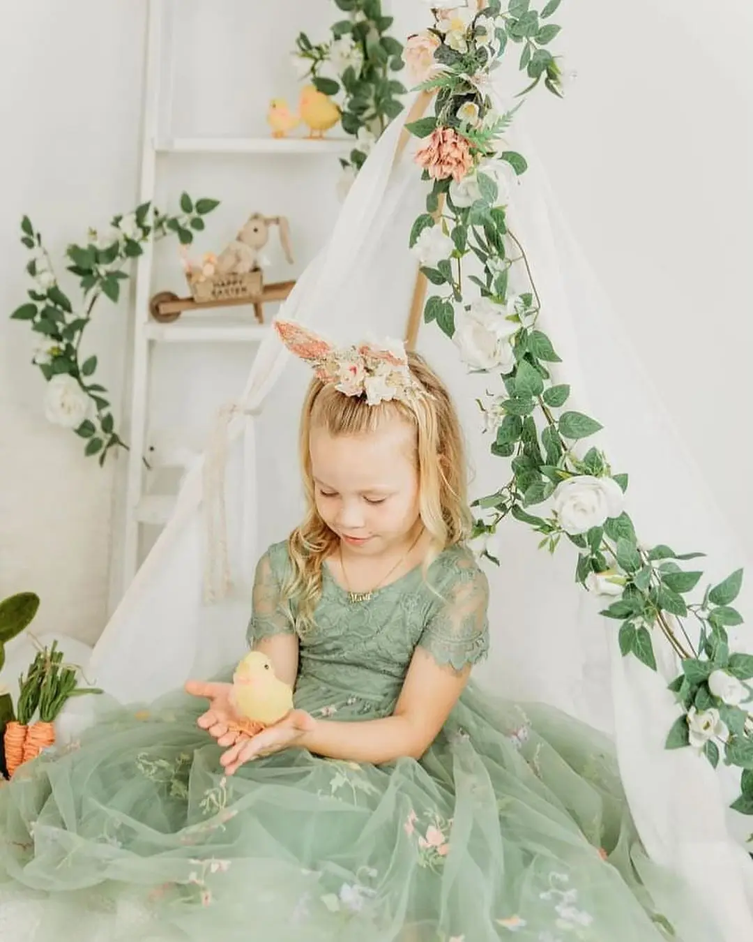 FATAPAESE FLORAL EMBROIDERED TULLE LACE GIRL DRESS IN SAGE Scalloped Edges Tulle Skirt Junior Bridesmaid Gown