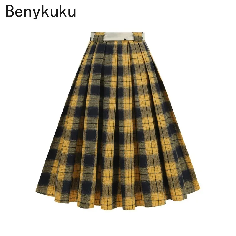 Yellow Plaid Vintage Pleated Skirt High Waist Belted Elegant Women 1950s 60s Retro Clothes Autumn Winter Party Swing Midi Skirts
