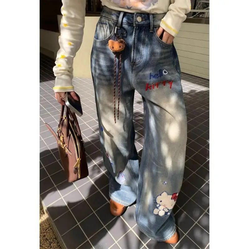 

Jeans Hello Kitty Retro Hot Girl Design Solid Color Autumn Winter New Loose High Waist Wide Leg Straight Washed Denim Trousers