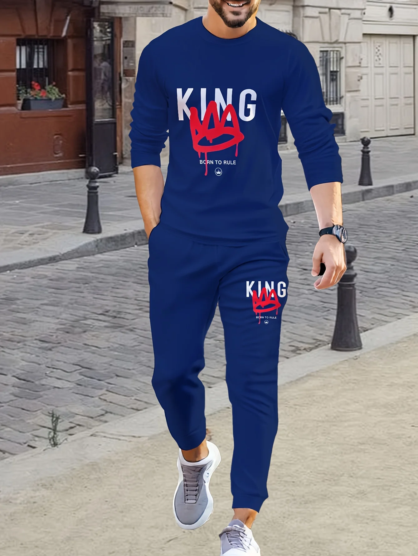 

Мужская футболка с 3d узором и короной KING, комплект брюк с длинными рукавами, спортивная одежда, спортивный комплект из двух предметов, весенне-осенний комплект с круглым вырезом