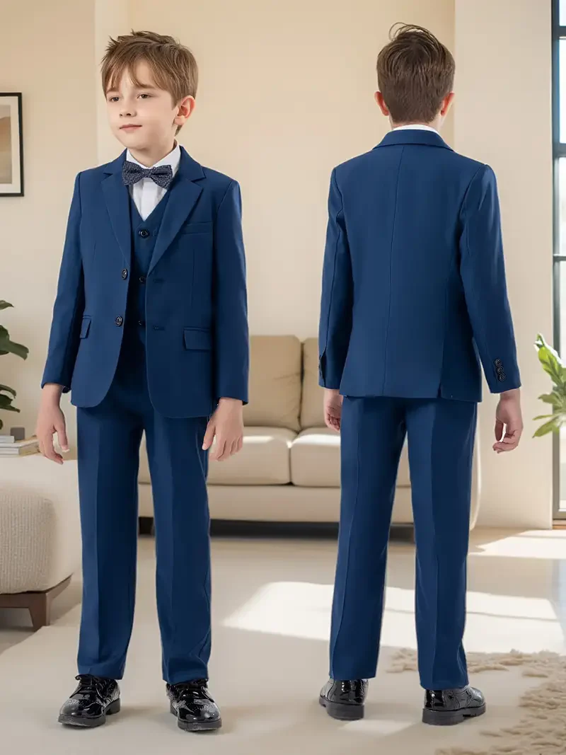 Boys Formal Blue 4Pieces/Set Jacket Vest Pants Bowtie Wedding Suit Boys Birthday Party Dress Children's Host Piano Blazer Suit